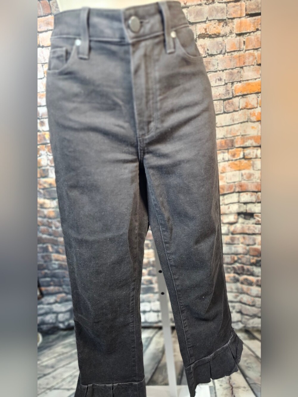 PAIGE Black Ruffle Hem High Rise Straight Crop Jeans Size 27